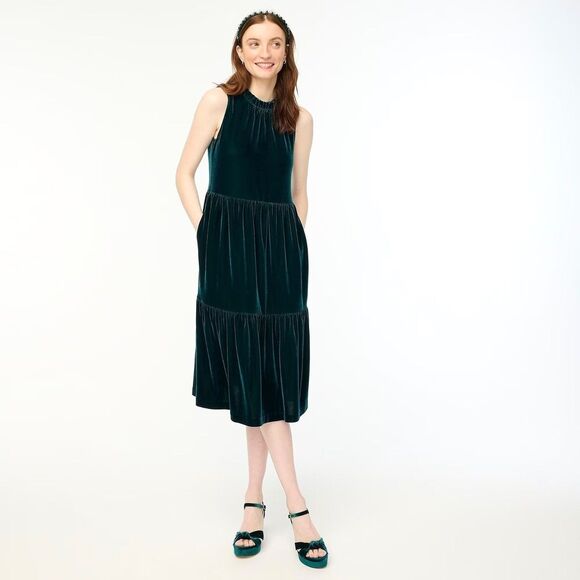 Dresses & Skirts - J.Crew Factory Velvet Sleeveless Tiered Midi Dress Women 8 Green Ruffle Neck NWT